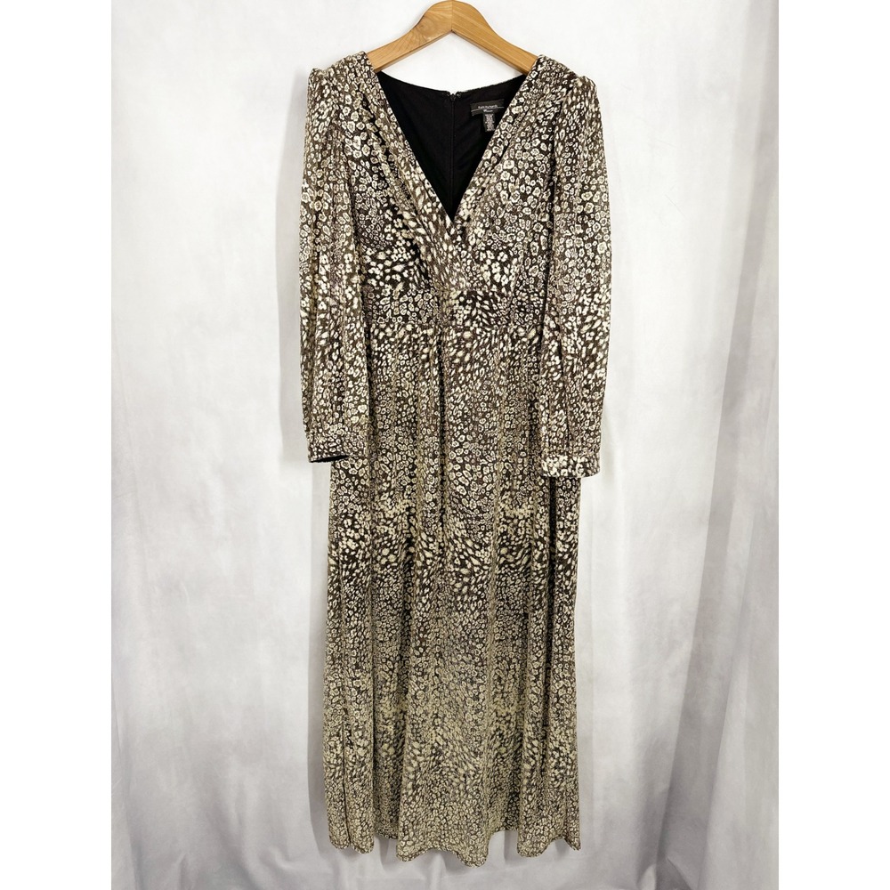 R&M Richards Gold Metallic Leopard Mesh Long Sleeve Maxi Dress Plus Size 20W